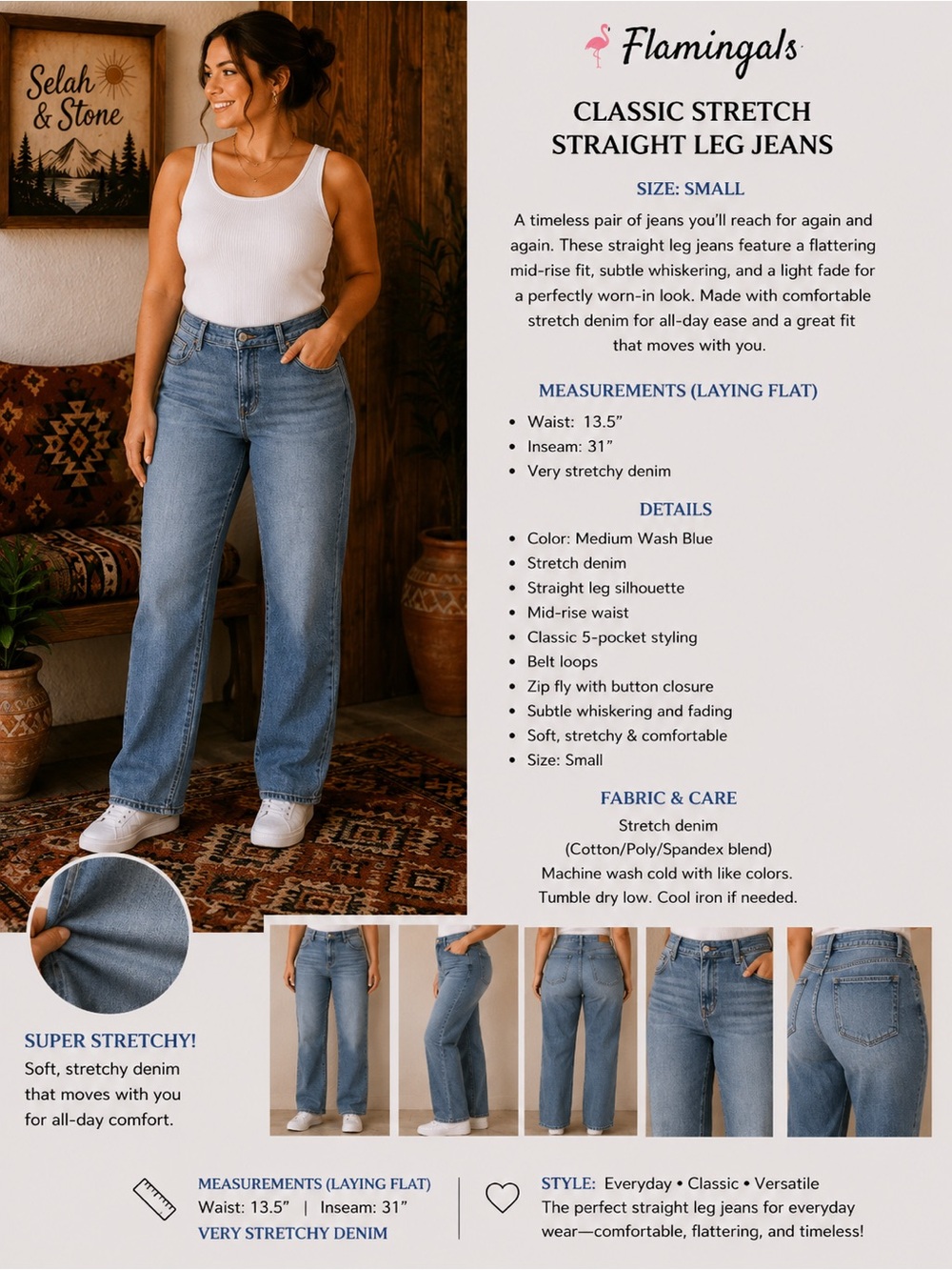 Flamingals Classic Stretch Straight Leg Jeans - Medium Wash Blue
